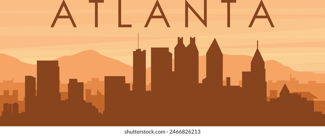 Afiche panorámico marrón del horizonte de la ciudad con edificios de fondo brumoso, amanecer, nubes y montañas de ATLANTA, ESTADOS UNIDOS