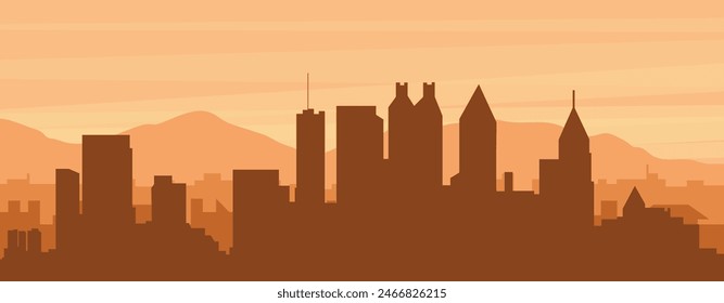 Brown panoramic poster of the city skyline with misty background buildings, sunrise, clouds and mountains of ATLANTA, UNITED STATES