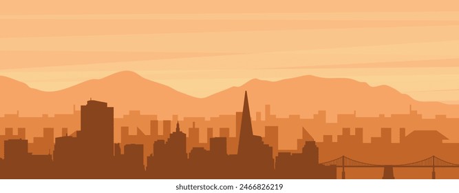 Brown panoramic poster of the city skyline with misty background buildings, sunrise, clouds and mountains of SAN FRANCISCO, UNITED STATES