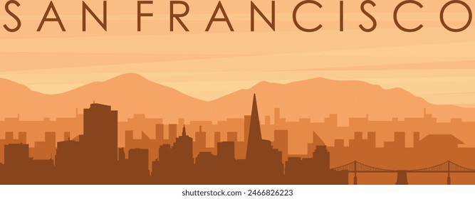 Brown panoramic poster of the city skyline with misty background buildings, sunrise, clouds and mountains of SAN FRANCISCO, UNITED STATES