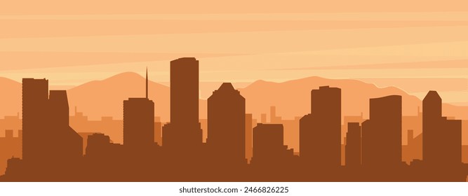 Brown panoramic poster of the city skyline with misty background buildings, sunrise, clouds and mountains of HOUSTON, UNITED STATES