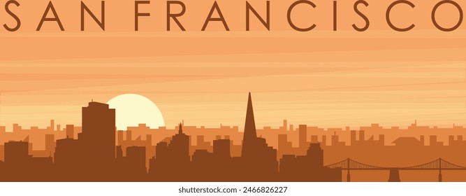 Brown panoramic poster of the city skyline with misty background buildings, sunrise, clouds and mountains of SAN FRANCISCO, UNITED STATES