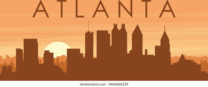 Brown panoramic poster of the city skyline with misty background buildings, sunrise, clouds and mountains of ATLANTA, UNITED STATES