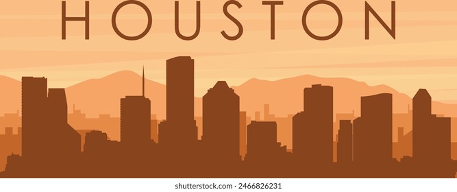 Brown panoramic poster of the city skyline with misty background buildings, sunrise, clouds and mountains of HOUSTON, UNITED STATES