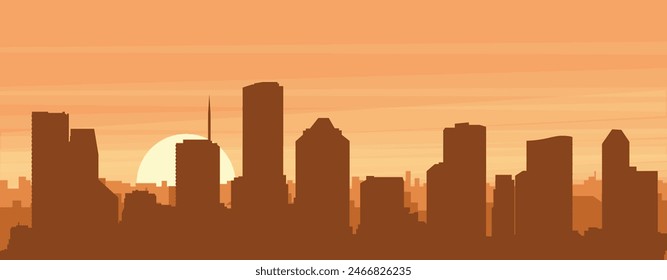 Brown panoramic poster of the city skyline with misty background buildings, sunrise, clouds and mountains of HOUSTON, UNITED STATES