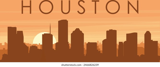 Brown panoramic poster of the city skyline with misty background buildings, sunrise, clouds and mountains of HOUSTON, UNITED STATES