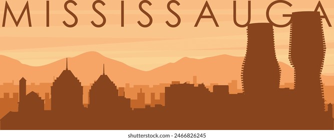 Brown panoramic poster of the city skyline with misty background buildings, sunrise, clouds and mountains of MISSISSAUGA, CANADA