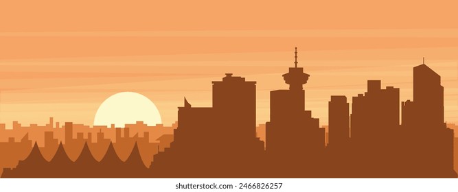 Braunes Panoramaposter der Stadtsyline mit nebeligen Hintergrundgebäuden, Sonnenaufgang, Wolken und Bergen von VANCOUVER, KANADA