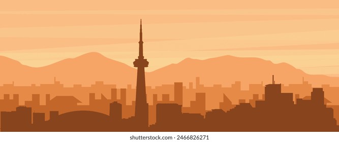 Brown panoramic poster of the city skyline with misty background buildings, sunrise, clouds and mountains of TORONTO, CANADA