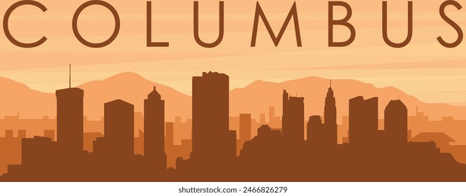 Brown panoramic poster of the city skyline with misty background buildings, sunrise, clouds and mountains of COLUMBUS, UNITED STATES