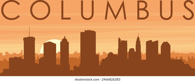 Brown panoramic poster of the city skyline with misty background buildings, sunrise, clouds and mountains of COLUMBUS, UNITED STATES