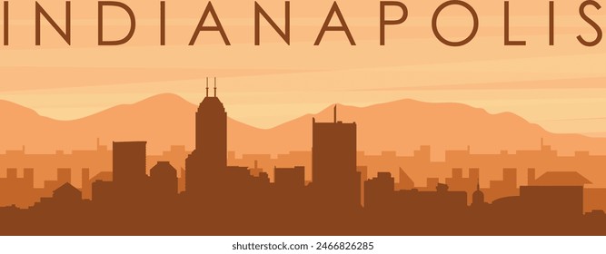 Brown panoramic poster of the city skyline with misty background buildings, sunrise, clouds and mountains of INDIANAPOLIS, UNITED STATES