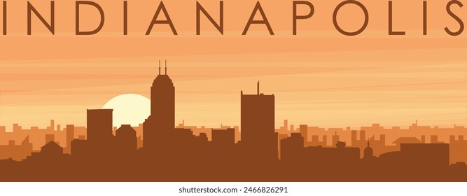 Brown panoramic poster of the city skyline with misty background buildings, sunrise, clouds and mountains of INDIANAPOLIS, UNITED STATES