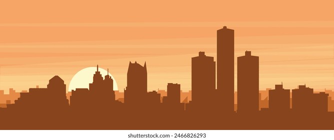 Brown panoramic poster of the city skyline with misty background buildings, sunrise, clouds and mountains of DETROIT, UNITED STATES