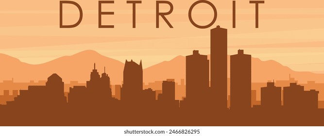 Brown panoramic poster of the city skyline with misty background buildings, sunrise, clouds and mountains of DETROIT, UNITED STATES