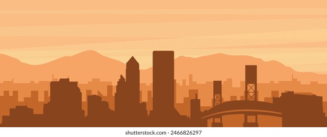 Braunes Panoramaposter der Stadtsyline mit nebeligen Hintergrundgebäuden, Sonnenaufgang, Wolken und Bergen von JACKSONVILLE, VEREINIGTE STAATEN