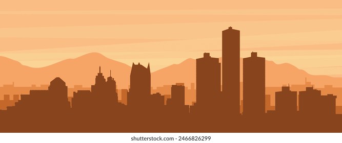 Brown panoramic poster of the city skyline with misty background buildings, sunrise, clouds and mountains of DETROIT, UNITED STATES