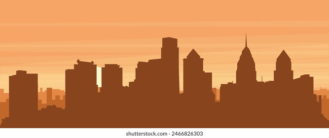 Brown panoramic poster of the city skyline with misty background buildings, sunrise, clouds and mountains of PHILADELPHIA, UNITED STATES