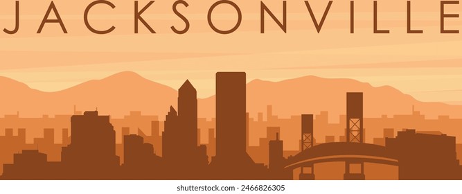 Brown panoramic poster of the city skyline with misty background buildings, sunrise, clouds and mountains of JACKSONVILLE, UNITED STATES