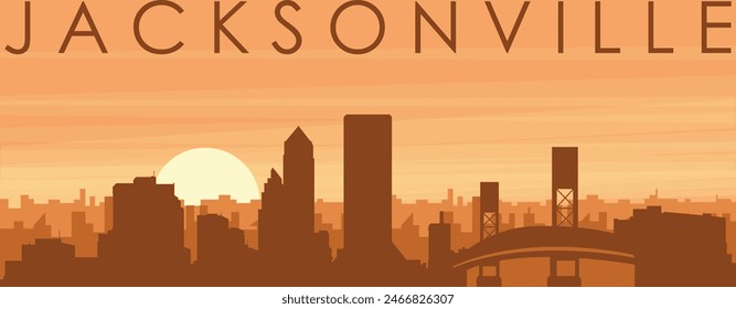 Brown panoramic poster of the city skyline with misty background buildings, sunrise, clouds and mountains of JACKSONVILLE, UNITED STATES