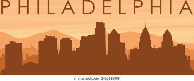 Brown panoramic poster of the city skyline with misty background buildings, sunrise, clouds and mountains of PHILADELPHIA, UNITED STATES