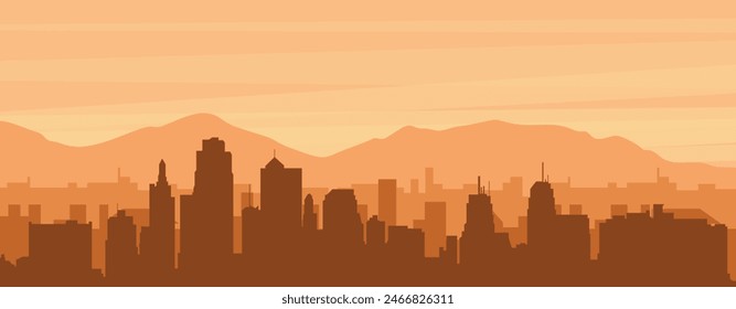 Brown panoramic poster of the city skyline with misty background buildings, sunrise, clouds and mountains of KANSAS CITY, UNITED STATES