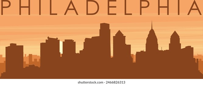 Brown panoramic poster of the city skyline with misty background buildings, sunrise, clouds and mountains of PHILADELPHIA, UNITED STATES