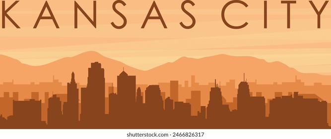 Brown panoramic poster of the city skyline with misty background buildings, sunrise, clouds and mountains of KANSAS CITY, UNITED STATES