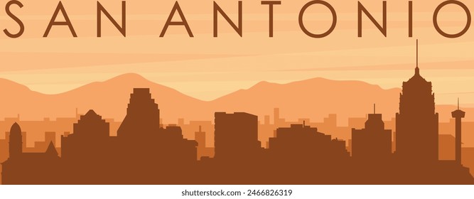 Brown panoramic poster of the city skyline with misty background buildings, sunrise, clouds and mountains of SAN ANTONIO, UNITED STATES