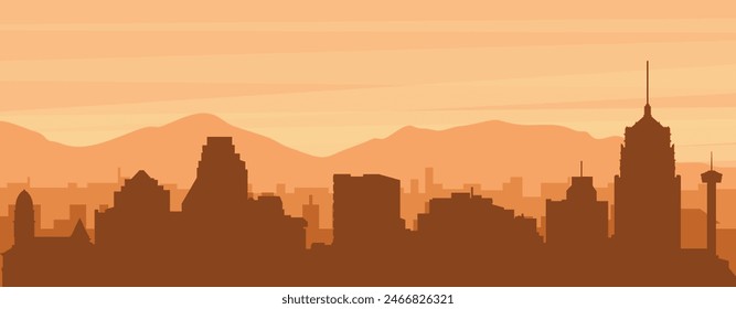 Brown panoramic poster of the city skyline with misty background buildings, sunrise, clouds and mountains of SAN ANTONIO, UNITED STATES