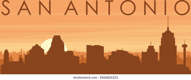 Brown panoramic poster of the city skyline with misty background buildings, sunrise, clouds and mountains of SAN ANTONIO, UNITED STATES