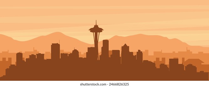 Brown panoramic poster of the city skyline with misty background buildings, sunrise, clouds and mountains of SEATTLE, UNITED STATES