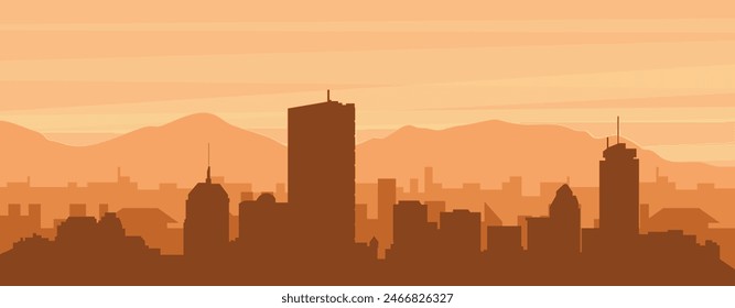 Brown panoramic poster of the city skyline with misty background buildings, sunrise, clouds and mountains of BOSTON, UNITED STATES