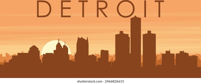 Brown panoramic poster of the city skyline with misty background buildings, sunrise, clouds and mountains of DETROIT, UNITED STATES