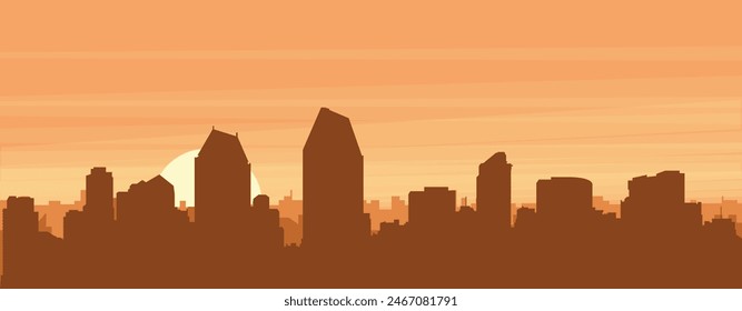 Brown panoramic poster of the city skyline with misty background buildings, sunrise, clouds and mountains of SAN DIEGO, UNITED STATES