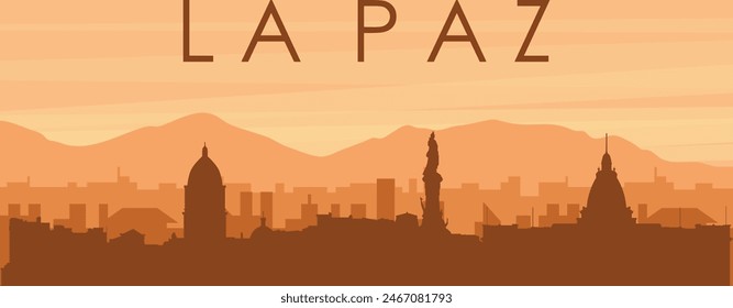 Afiche panorámico marrón del horizonte de la ciudad con edificios de fondo brumoso, amanecer, nubes y montañas de LA PAZ, BOLIVIA