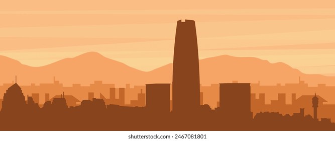 Afiche panorámico marrón del horizonte de la ciudad con edificios de fondo brumoso, amanecer, nubes y montañas de SANTIAGO, CHILE