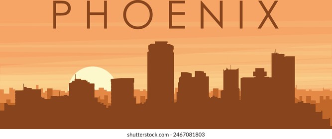 Brown panoramic poster of the city skyline with misty background buildings, sunrise, clouds and mountains of PHOENIX, UNITED STATES