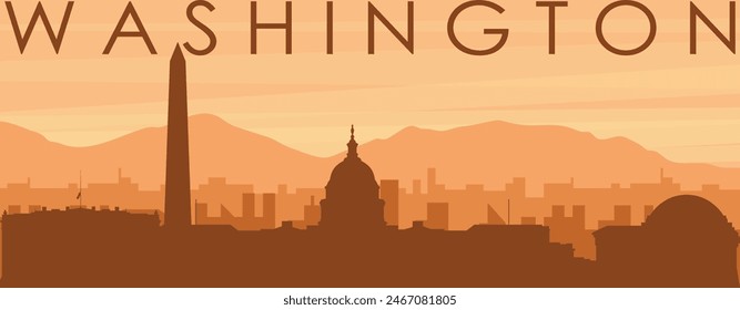 Brown panoramic poster of the city skyline with misty background buildings, sunrise, clouds and mountains of WASHINGTON, UNITED STATES