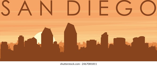 Brown panoramic poster of the city skyline with misty background buildings, sunrise, clouds and mountains of SAN DIEGO, UNITED STATES