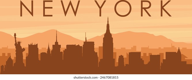 Afiche panorámico marrón del horizonte de la ciudad con edificios de fondo brumoso, amanecer, nubes y montañas de la NUEVA YORK, ESTADOS UNIDOS