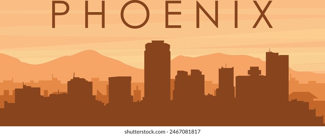 Braunes Panoramaposter der Skyline der Stadt mit nebeligen Hintergrundgebäuden, Sonnenaufgang, Wolken und Berge von PHOENIX, VEREINIGTE STAATEN