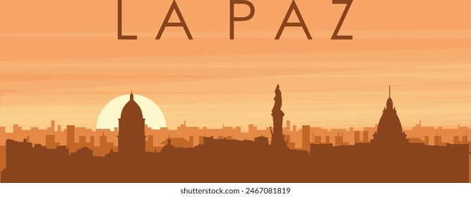 Brown panoramic poster of the city skyline with misty background buildings, sunrise, clouds and mountains of LA PAZ, BOLIVIA