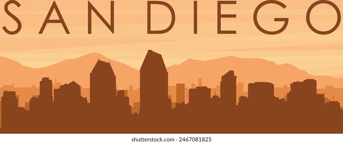 Brown panoramic poster of the city skyline with misty background buildings, sunrise, clouds and mountains of SAN DIEGO, UNITED STATES