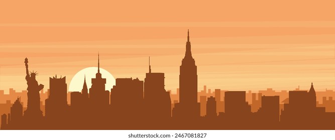 Brown panoramic poster of the city skyline with misty background buildings, sunrise, clouds and mountains of NEW YORK, UNITED STATES