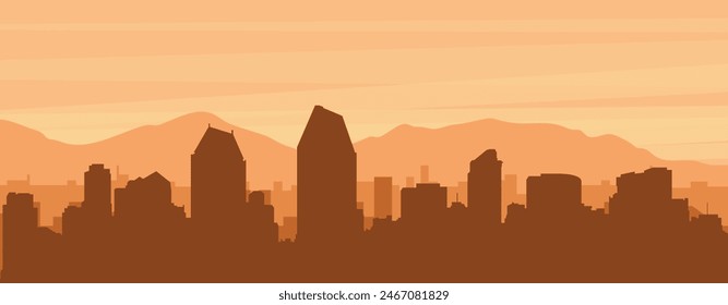 Brown panoramic poster of the city skyline with misty background buildings, sunrise, clouds and mountains of SAN DIEGO, UNITED STATES