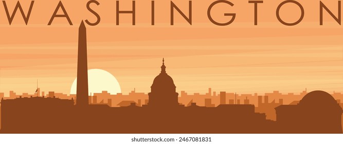 Brown panoramic poster of the city skyline with misty background buildings, sunrise, clouds and mountains of WASHINGTON, UNITED STATES