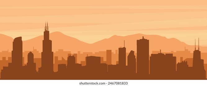 Brown panoramic poster of the city skyline with misty background buildings, sunrise, clouds and mountains of CHICAGO, UNITED STATES