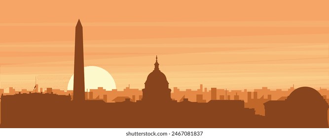 Brown panoramic poster of the city skyline with misty background buildings, sunrise, clouds and mountains of WASHINGTON, UNITED STATES