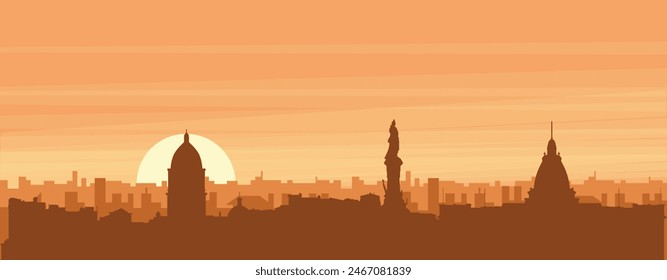 Brown panoramic poster of the city skyline with misty background buildings, sunrise, clouds and mountains of LA PAZ, BOLIVIA